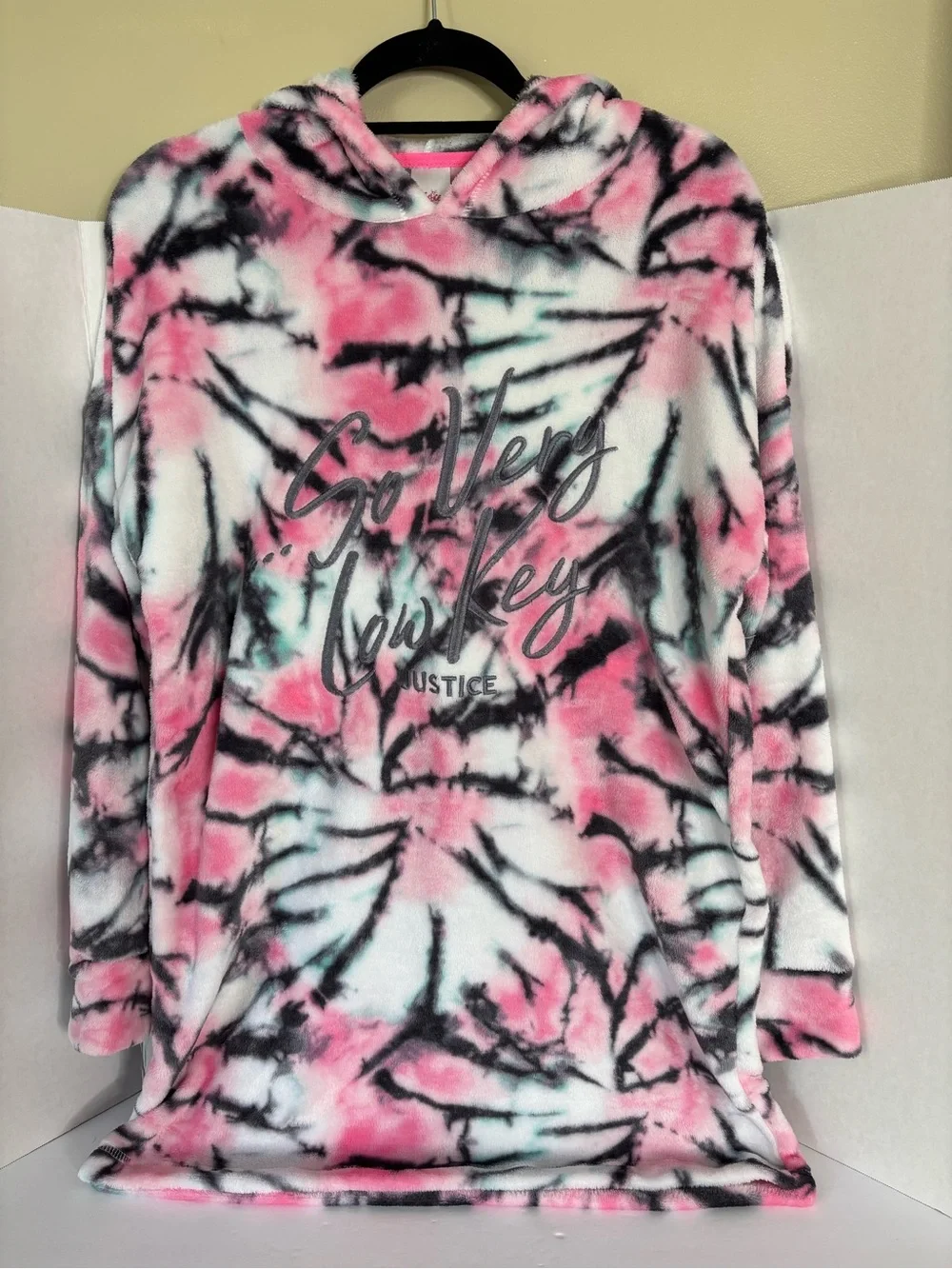 Justice Plush Tie-Dye Hooded Pullover - Pink, Black, White